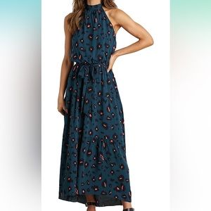 Women's Casual Halter Neck Long Maxi Dress Backless Sundress with Belt